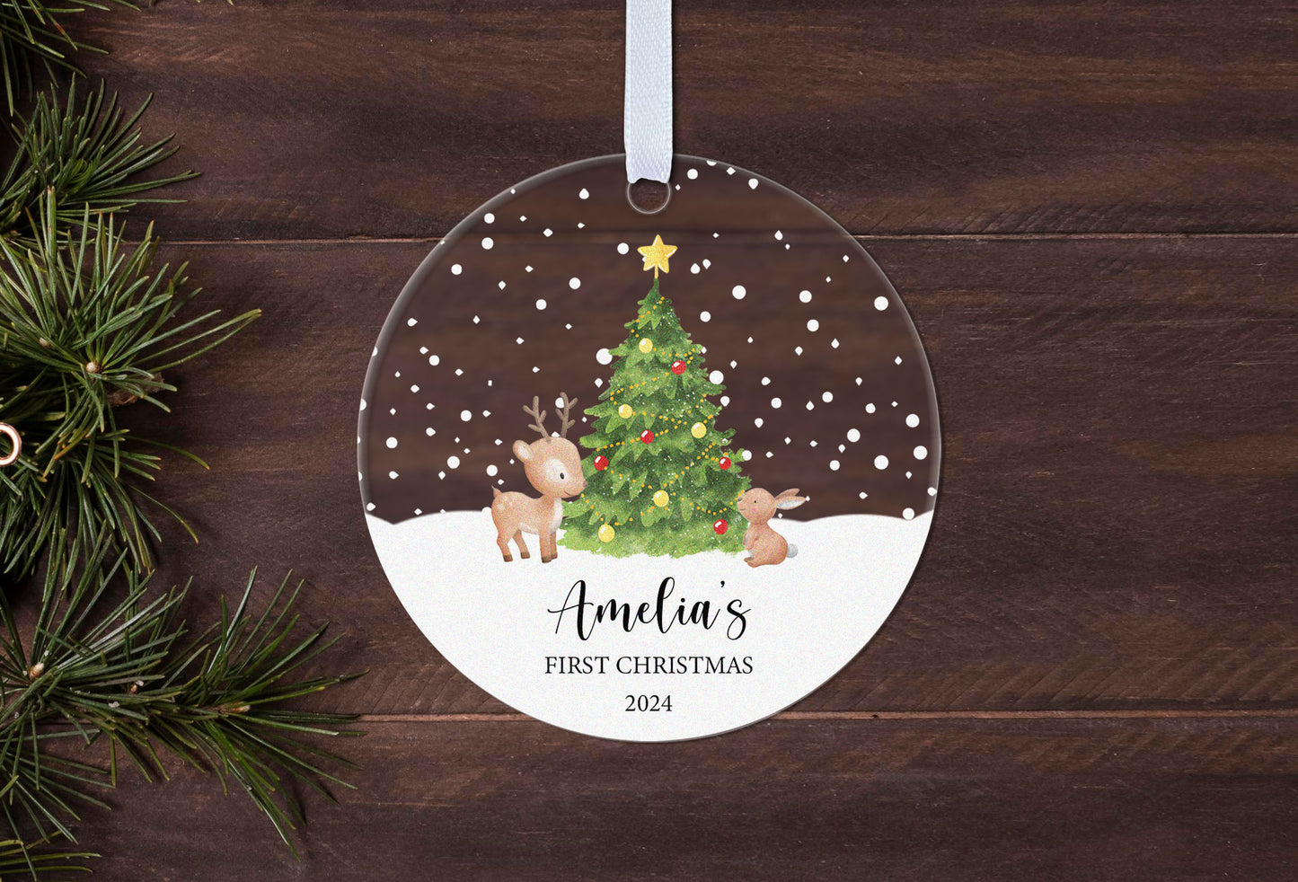 Babies First Christmas Deer 2025 Illustration Gift Boxed Personalised Xmas Bauble Tree Decoration