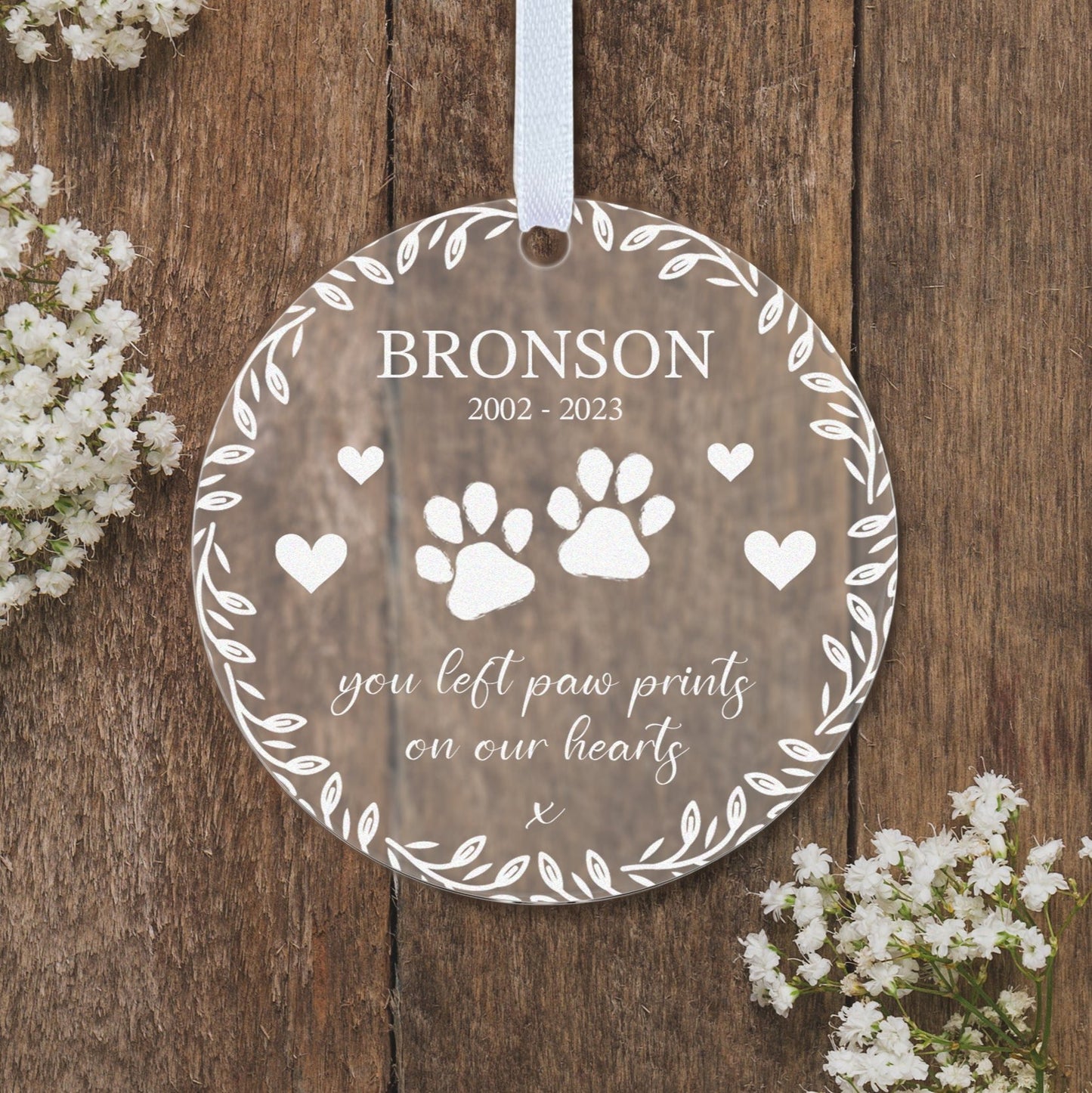 Pet Paw Prints on our Hearts Memorial Gift Boxed Personalised Bauble Tree Decoration