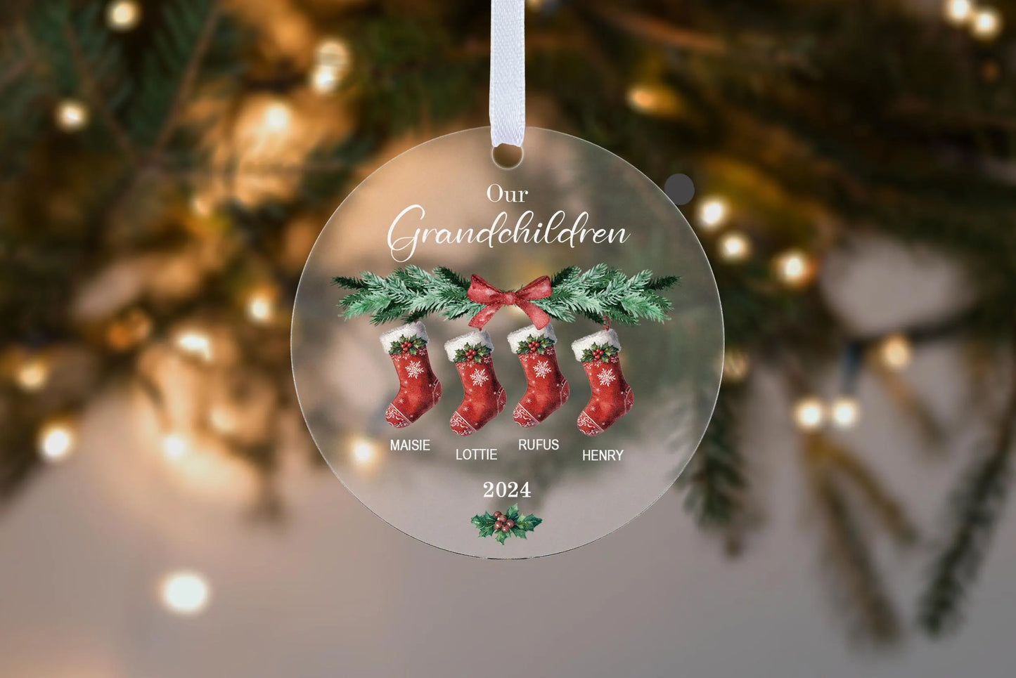 Grandchildren Names Stockings Two Three Four Five Six 2024 Gift Boxed Personalised Christmas Bauble Tree Decoration