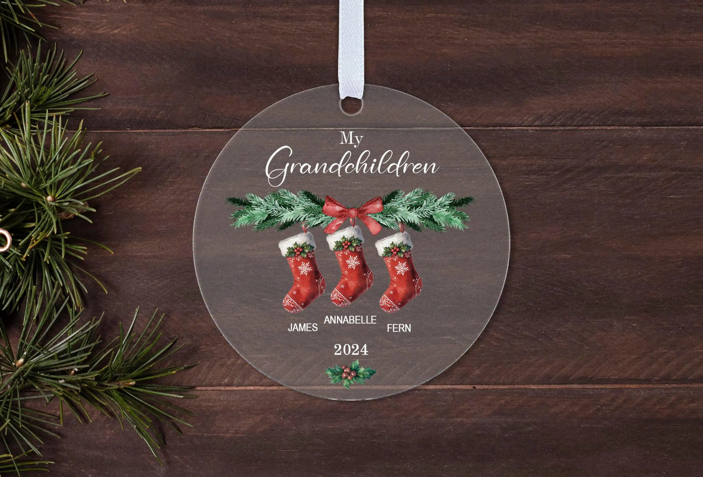 Grandchildren Names Stockings Two Three Four Five Six 2024 Gift Boxed Personalised Christmas Bauble Tree Decoration
