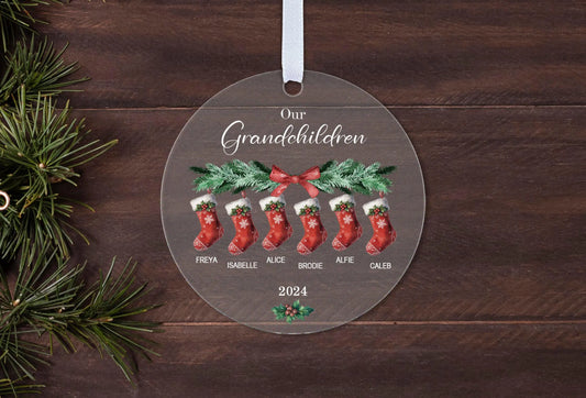 Grandchildren Names Stockings Two Three Four Five Six 2024 Gift Boxed Personalised Christmas Bauble Tree Decoration