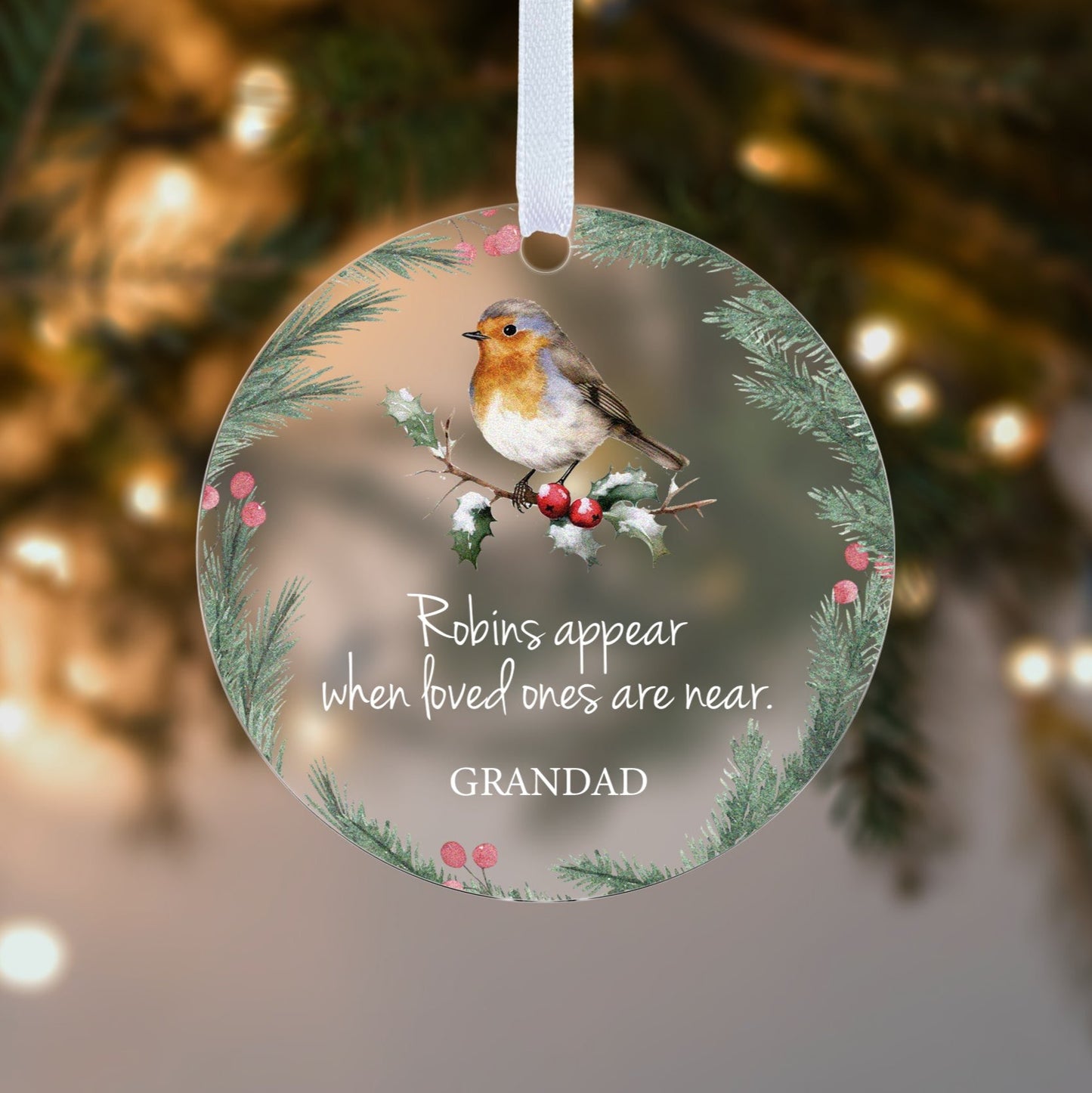 Personalised Robins Appear Illustration Christmas Memorial Loss of a Loved One Gift Boxed Christmas Bauble Tree Decoration