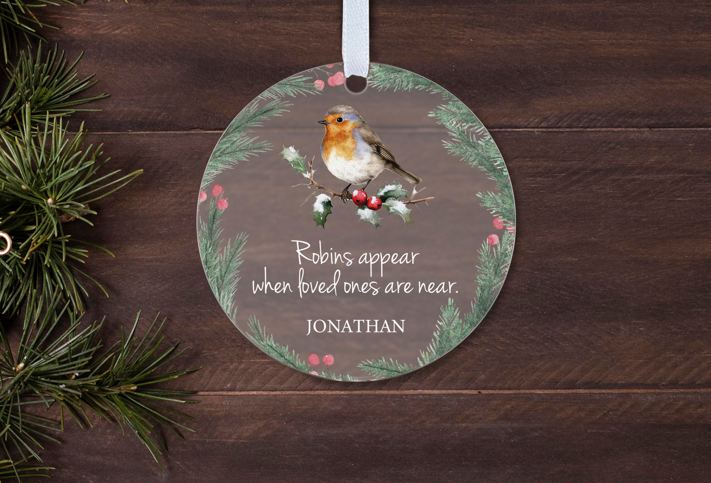 Personalised Robins Appear Illustration Christmas Memorial Loss of a Loved One Gift Boxed Christmas Bauble Tree Decoration