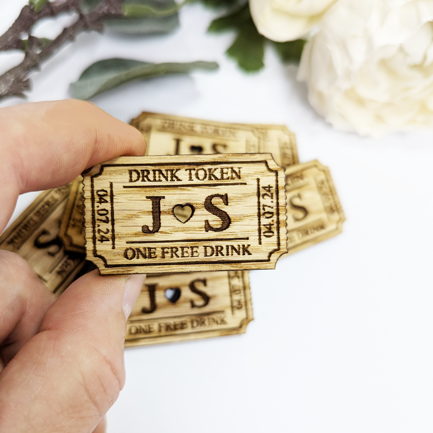 Personalised Wedding Drink Token With Heart Cut-Out