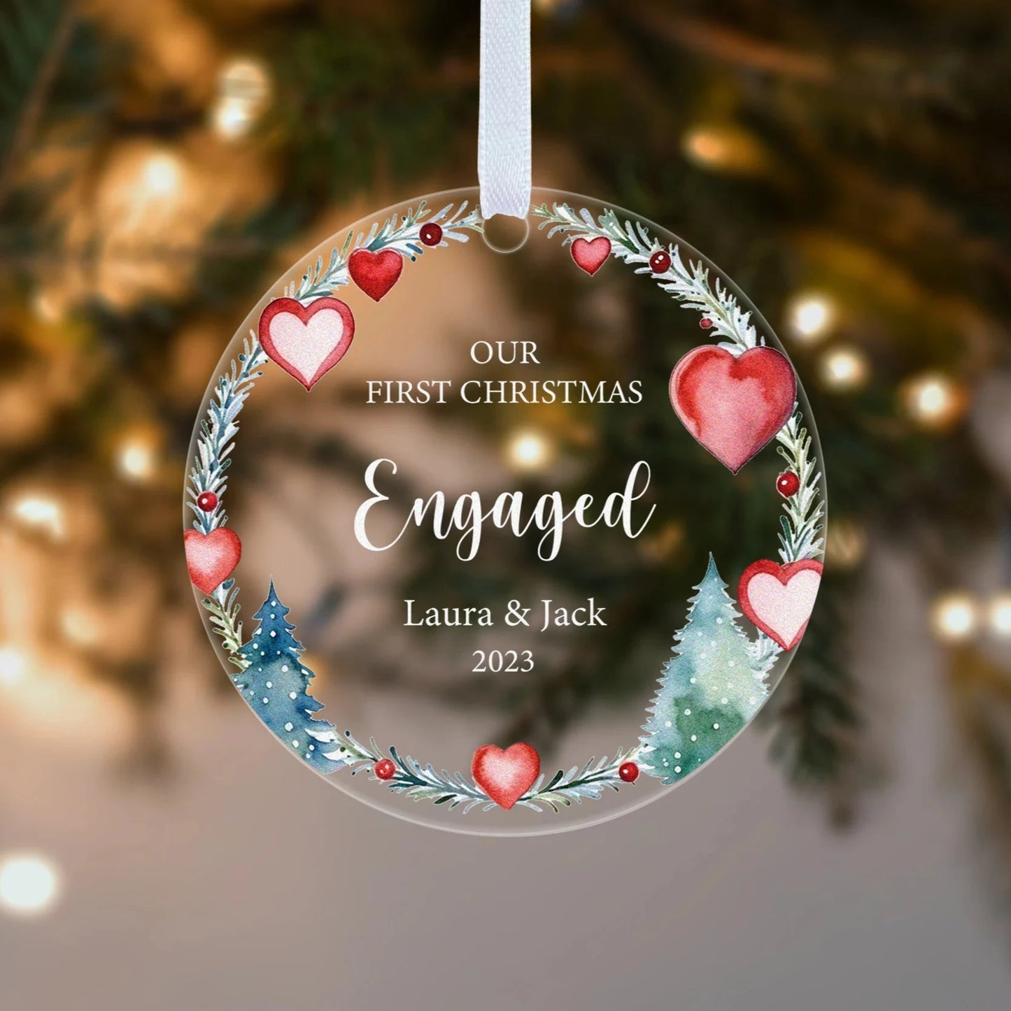 Couple First Christmas Engaged Heart Floral Gift Boxed Personalised Xmas Bauble Tree Decoration